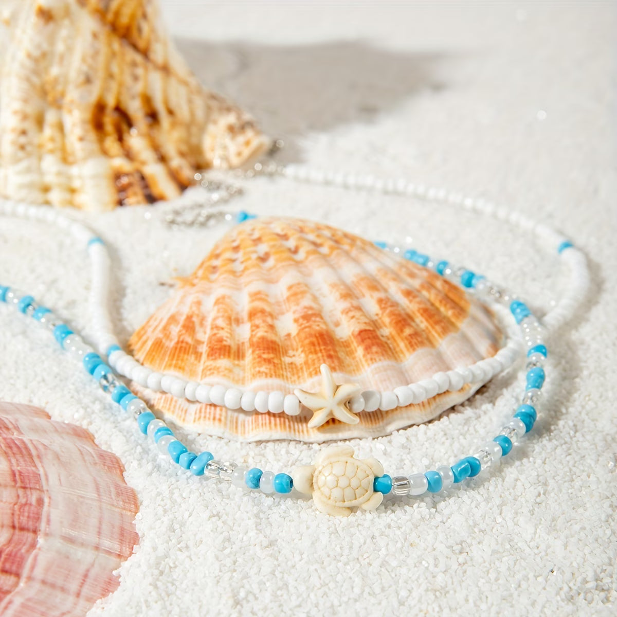 Coastal Turquoise Beaded Necklace Set of 2